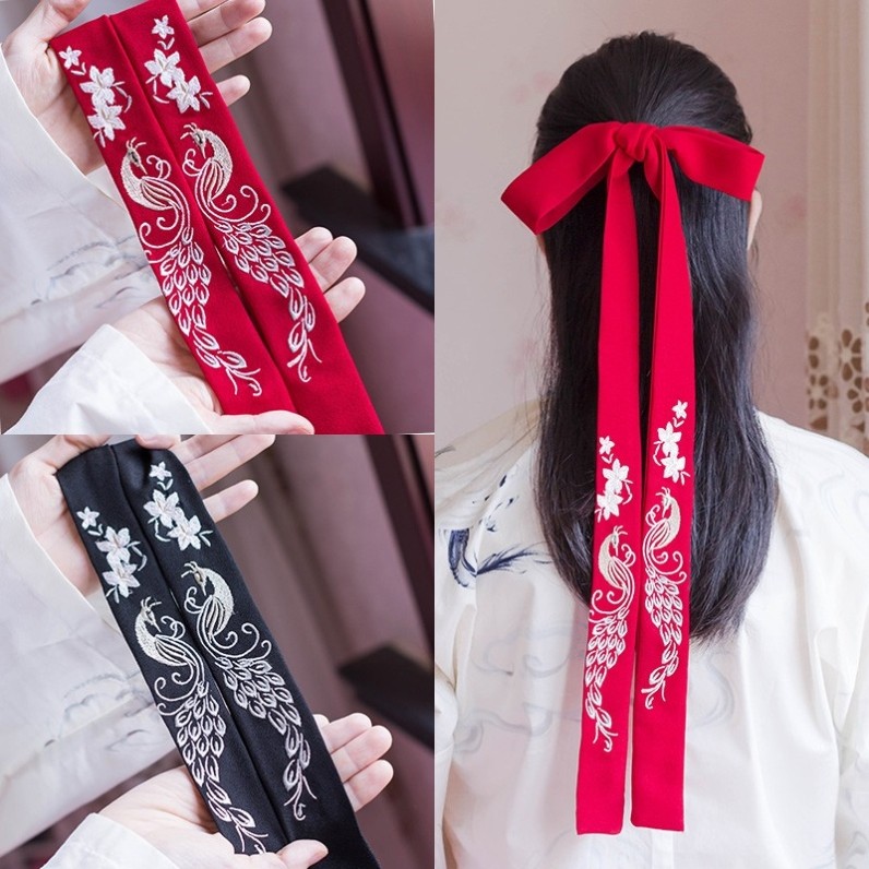 花木兰发带红色古装书法头饰古风武侠汉服发带飘带黑色发绳中国风图片