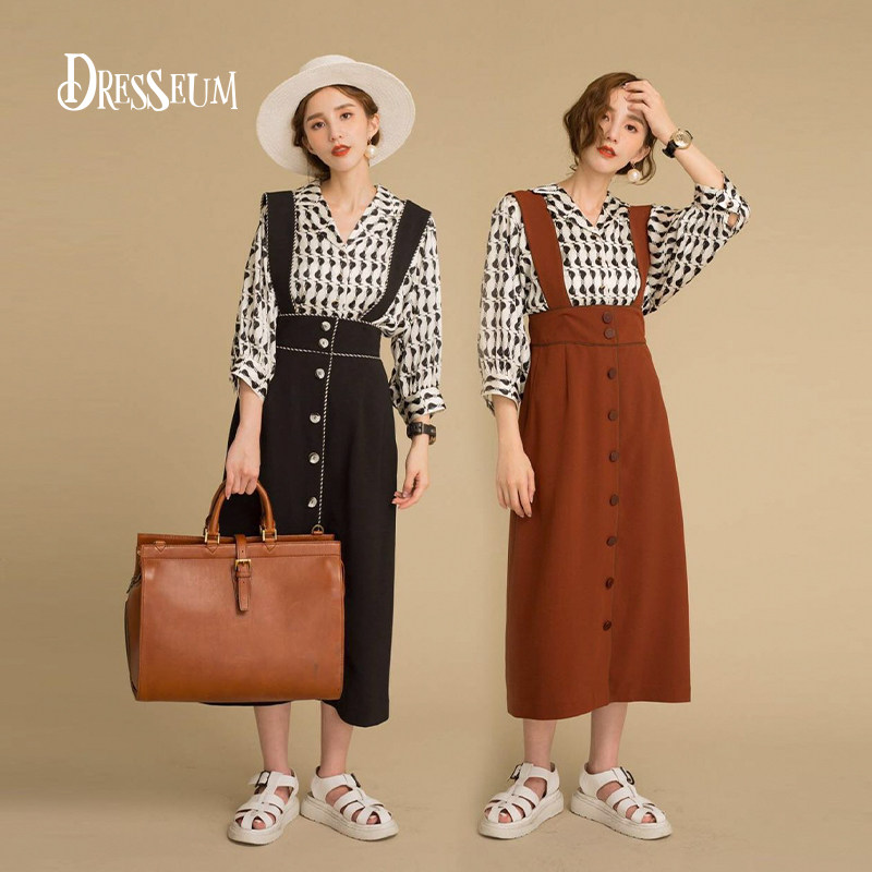 从前从前Dresseum 毒苹果双色背带裙女夏复古单排扣撞色吊带裙