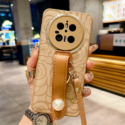 皮质山茶花适用华为mate80手机壳新款mate70pro保护套珍珠腕带mete60斜跨背带50镜头全包40防摔30高级感Max女