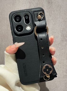 黑色皮纹适用OPPOfindx9手机壳OPPOfindx9Pro保护套findx8新款x7山茶花腕带X8S+斜跨背带式Ultra全包防摔小众