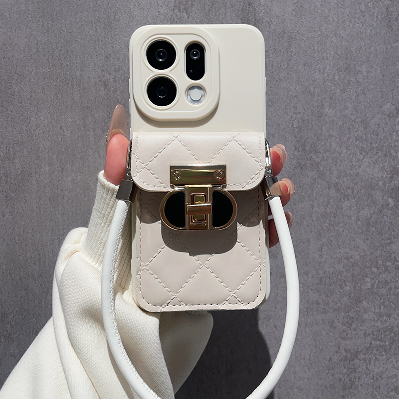 小香风白色菱格卡包适用OPPOfindx9手机壳findx8Pro新款纯色X7软壳全包X8S+斜跨X6背包式X5高级感ultra防摔女