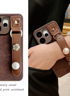 月坑纹山茶花珍珠腕带适用OPPOReno15手机壳Reno14新款Reno13Pro镜头全包12斜跨11背带10软壳防摔9复古8小众7