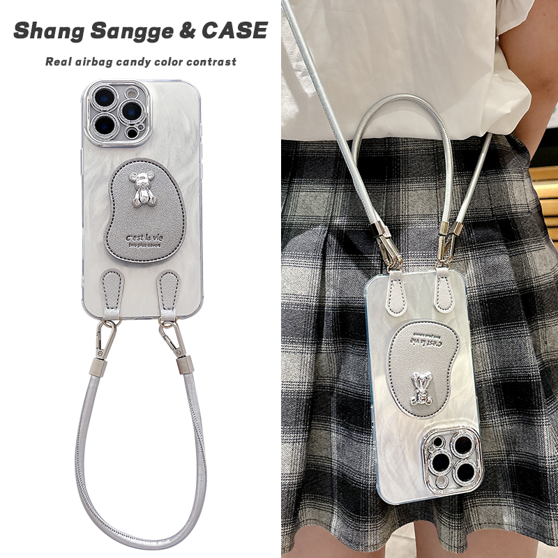 羽纱小熊气囊支架适用于苹果16Promax手机壳iPhone15Pro新款高级感IP14斜挎13带挂绳12全包镜头膜11防摔X女款