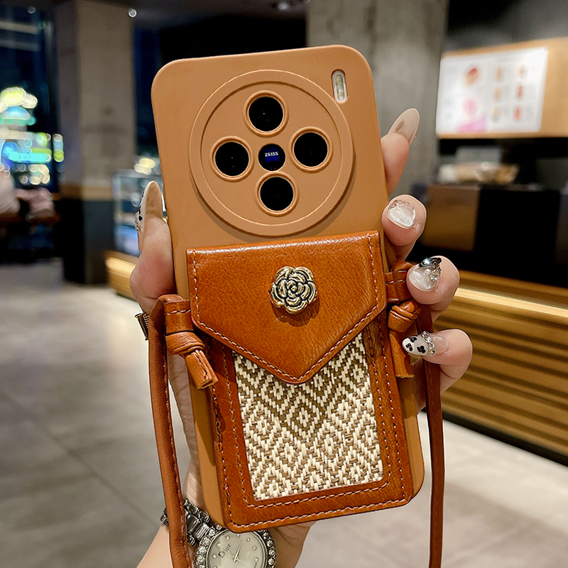 高级感山茶花卡包适用于vivox300手机壳vivox200Pro保护套X100S新款x90镜头全包x80防摔x70斜跨x60可背x50女