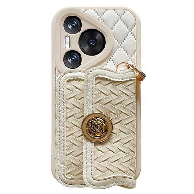 编织山茶花零钱卡包适用于华为Pura80手机壳P70Pro保护套P60新款P50镜头全包P40斜跨背带P80Ultra防摔外壳P30