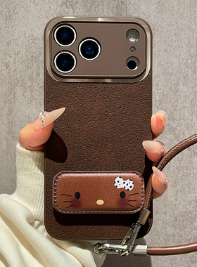 月坑纹皮质深咖色适用苹果17Promax手机壳iPhone16Pro卡通猫支架IP15新款硅胶14镜头全包13小众复古12女款Air