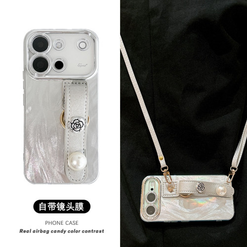 山茶花珍珠腕带适用vivoS60手机壳S50保护套S30斜跨背带S20镜头全包S19新款S18Pro软壳防摔S17高级感S16女款