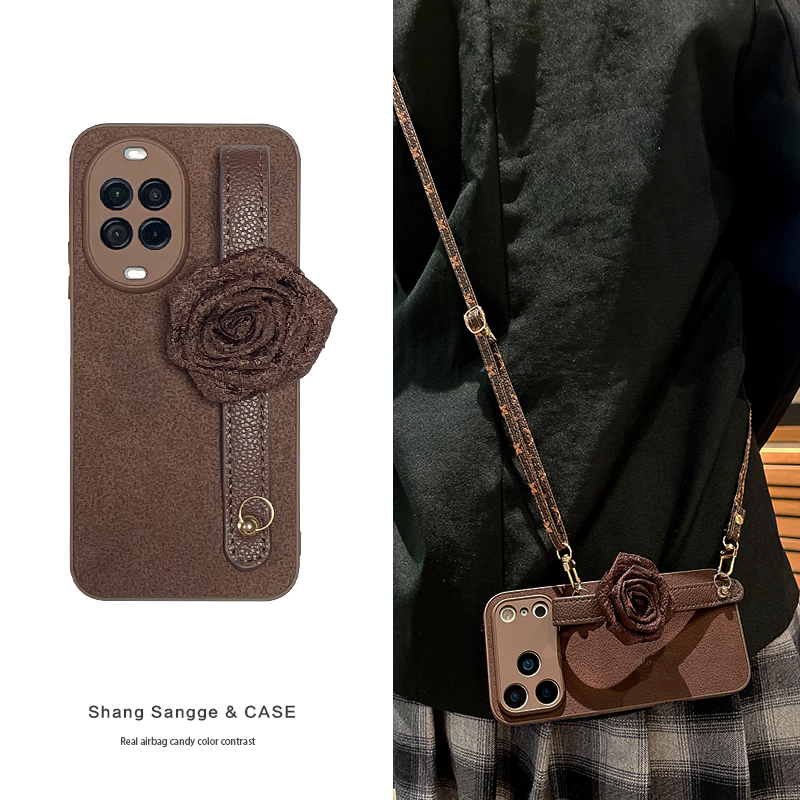 月坑纹玫瑰花腕带适用华为Nova14手机壳nova13Pro新款复古nove12斜跨可背11高级感10保护套全包9女款8带挂绳7
