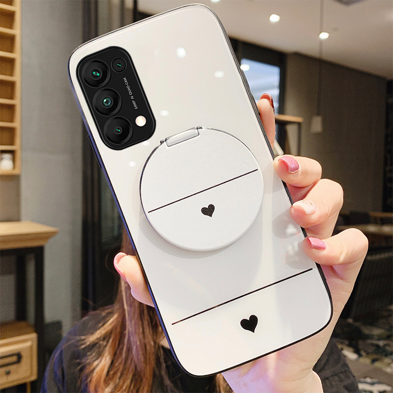 爱心化妆镜opporeno5手机壳玻璃opporeno5pro软硅胶防摔por全包边外壳