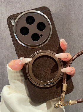 月坑纹皮质深咖色适用vivoX300手机壳X200Pro新款360度旋转金属支架X100S保护套X90复古X80高级感Ultra全包软