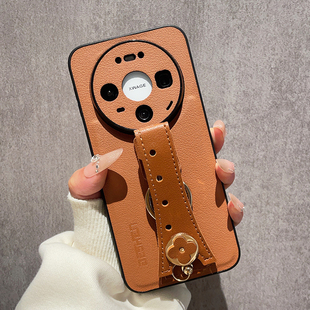 高级感棕色皮质山茶花腕带适用华为Mate80手机壳Mate70Pro斜跨mete60背带挂绳50镜头全包40保护30外壳套max女