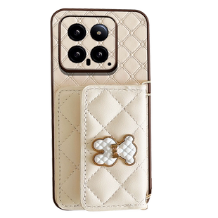 小香风金边熊大菱格侧开卡包适用小米17Promax手机壳15新款14Pro全包防摔13链条斜跨12背包式11高级感十七女