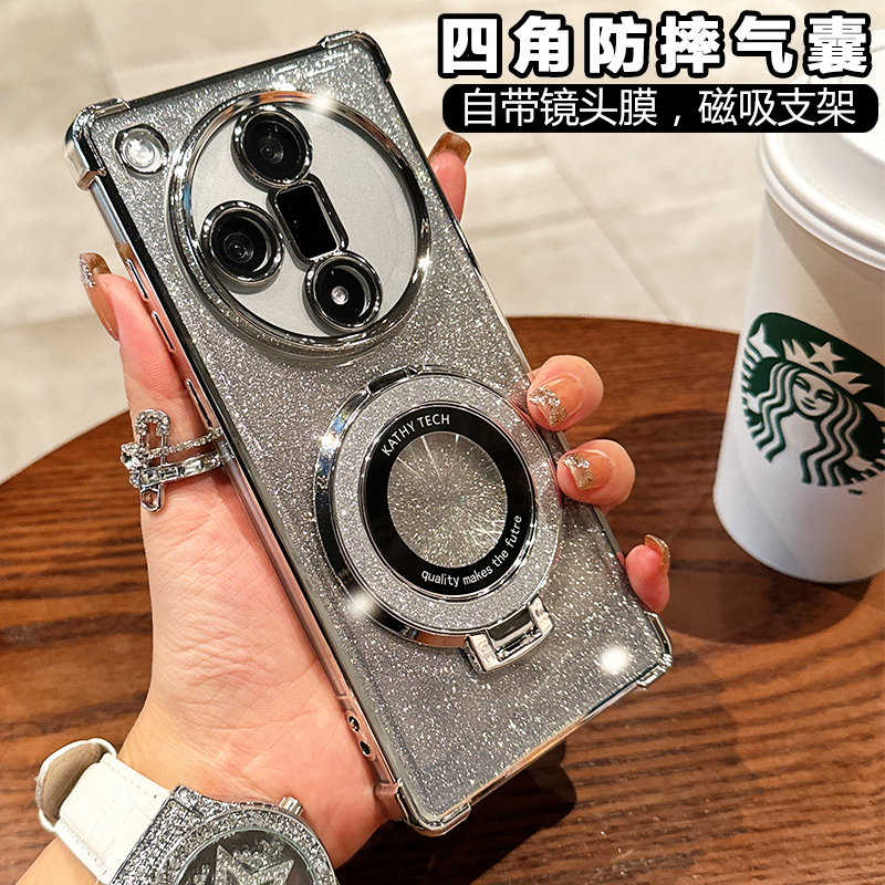 气囊加厚防摔适用OPPOfindx9手机壳OPPOfindx8硅胶套新款findx7Pro闪粉支架X6透明软壳X8S+全包镜头膜X8S女款
