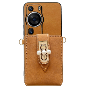 复古羊巴皮珍珠卡包适用于华为P80Pro手机壳Pura70保护套新款P60斜跨背带P50高级感P40镜头全包P80Ultra防摔