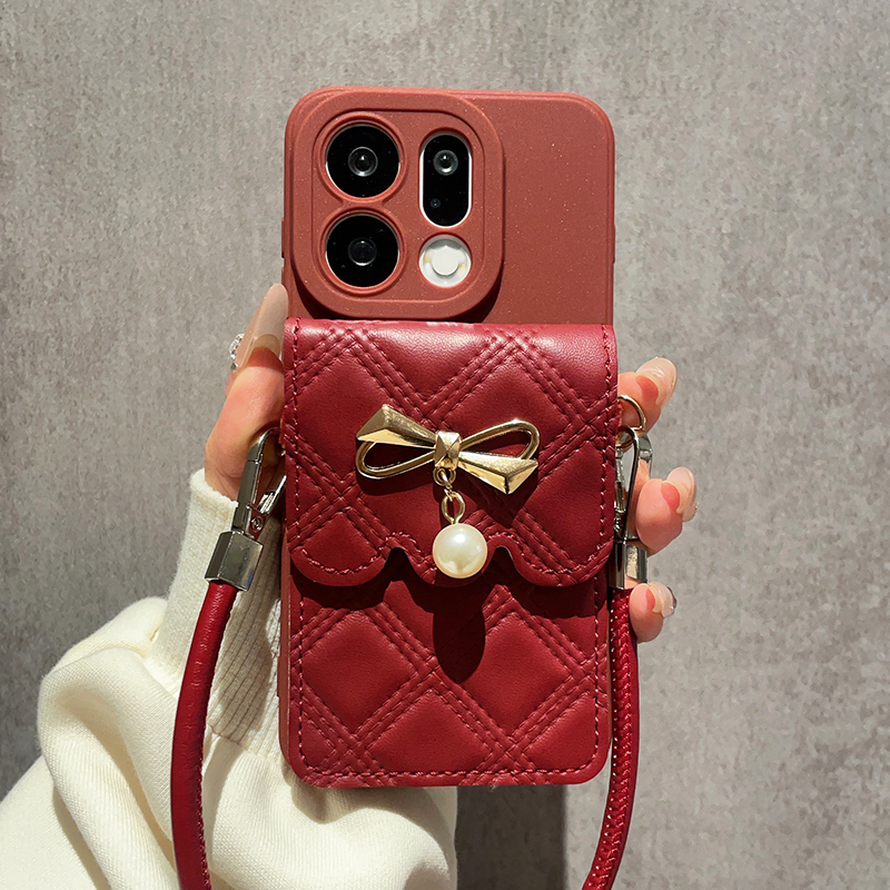 高级感酒红色蝴蝶结卡包适用OPPOfindx9手机壳findx8Pro保护套新款X7Ultra斜跨挂绳X8S+背包式X6全包防摔X5女