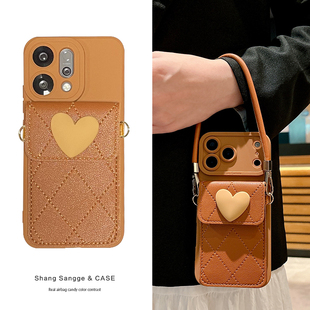 美拉德棕色菱格爱心卡包适用OPPOReno14手机壳Reno15新款Reno13Pro软壳12背包式11斜跨10背带9高级感8女款7/6