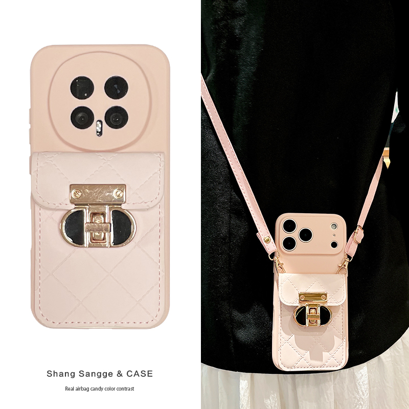 粉色菱格卡包适用华为荣耀magic8手机壳magic7新款6Pro斜跨带挂绳5背包式4软壳全包X70防摔X60高级感X50女款