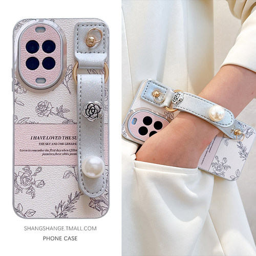 素描山茶花珍珠腕带适用华为nova15手机壳nova14Pro保护套防摔nove13新款12复古11斜跨10背带式9镜头全包8女7