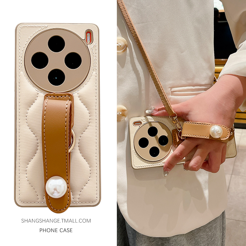 立体波浪珍珠腕带适用于vivox200手机壳vivox300新款X100Pro小香风皮质x200S全包防摔X200ultra斜跨背带X90女