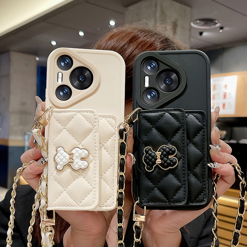 小香风金边熊菱格侧开卡包适用于华为Pura80手机壳P70Pro保护套P60镜头全包P50链条斜跨P40高级感P80Ultra女