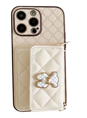 金边熊大菱格侧开卡包适用于苹果17Promax手机壳iPhone16Pro新款15镜头全包14链条斜跨13背包式12高级感air女