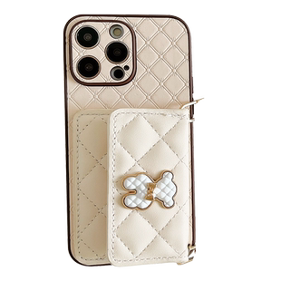 金边熊大菱格侧开卡包适用于苹果17Promax手机壳iPhone16Pro新款15镜头全包14链条斜跨13背包式12高级感air女