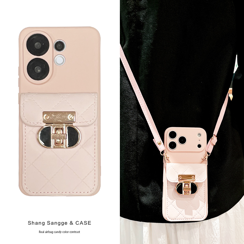 粉色菱格卡包适用vivoS30手机壳vivoS20新款S19斜跨带挂绳S18Pro背包式S17软壳全包S16防摔外壳S15高级感S12
