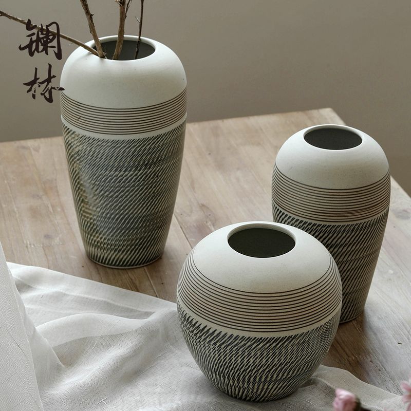 现代简约桌面陶瓷花瓶客厅复古文艺小清新粗陶摆件插干花花花器