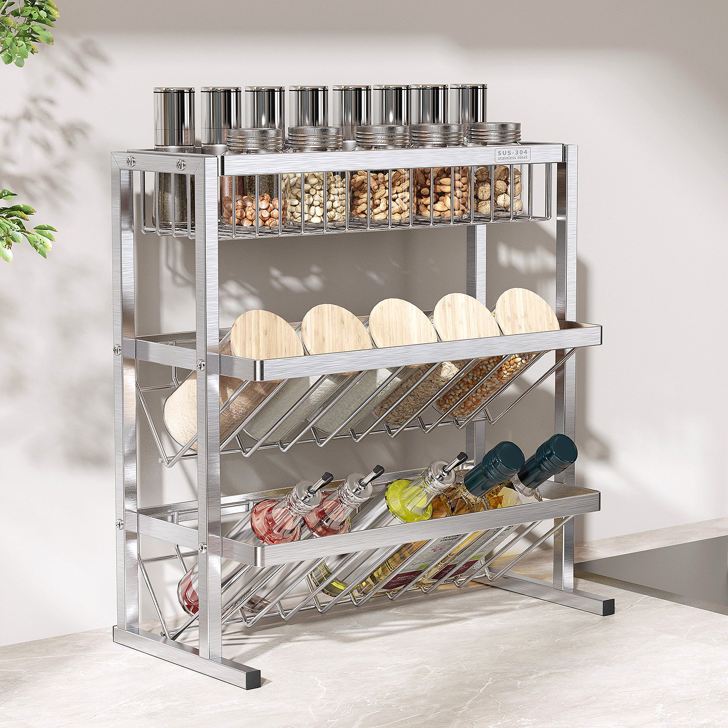 304不锈钢调味料品架厨房台面置物架油盐酱醋用品大容量收纳架篮