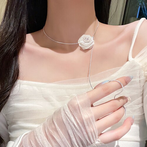 超仙网纱玫瑰花朵抽拉式项链女