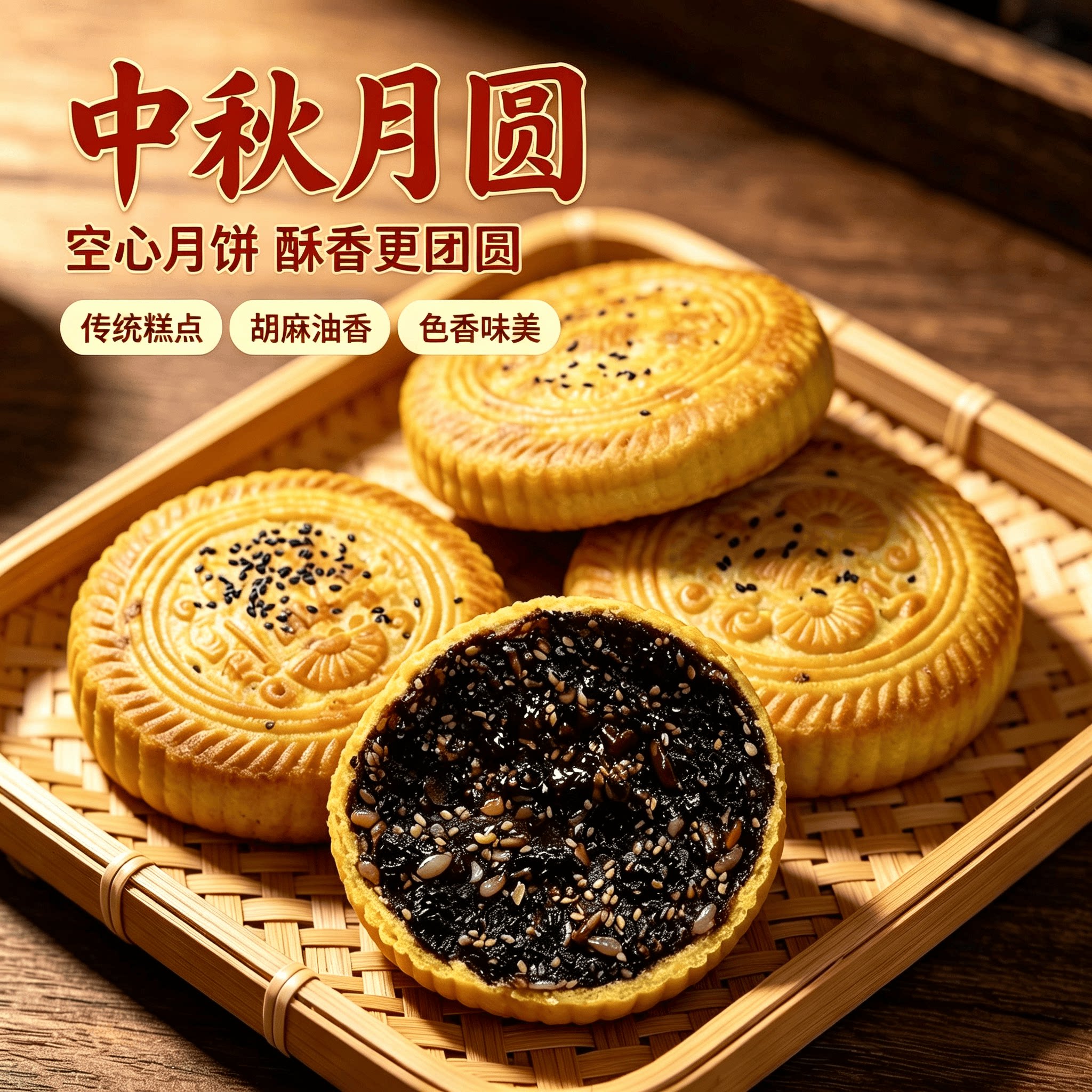 山西吕梁空心月饼老式手工红糖芝麻核桃仁胡麻油月饼整箱现做