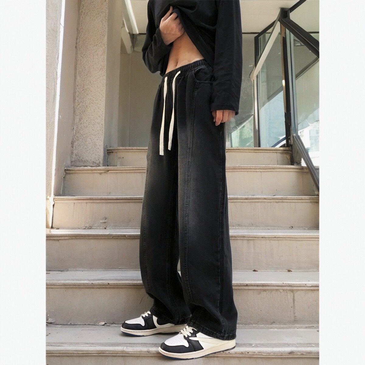 松紧腰渐变牛仔裤男款美式宽松直筒2025春季新款阔腿男生潮牌裤子