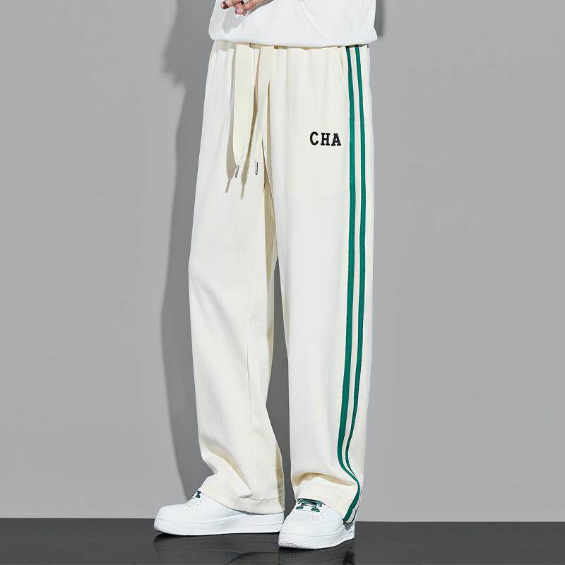 直筒休闲卫裤男夏季宽松潮牌港风垂感阔腿裤男生条纹百搭运动裤子