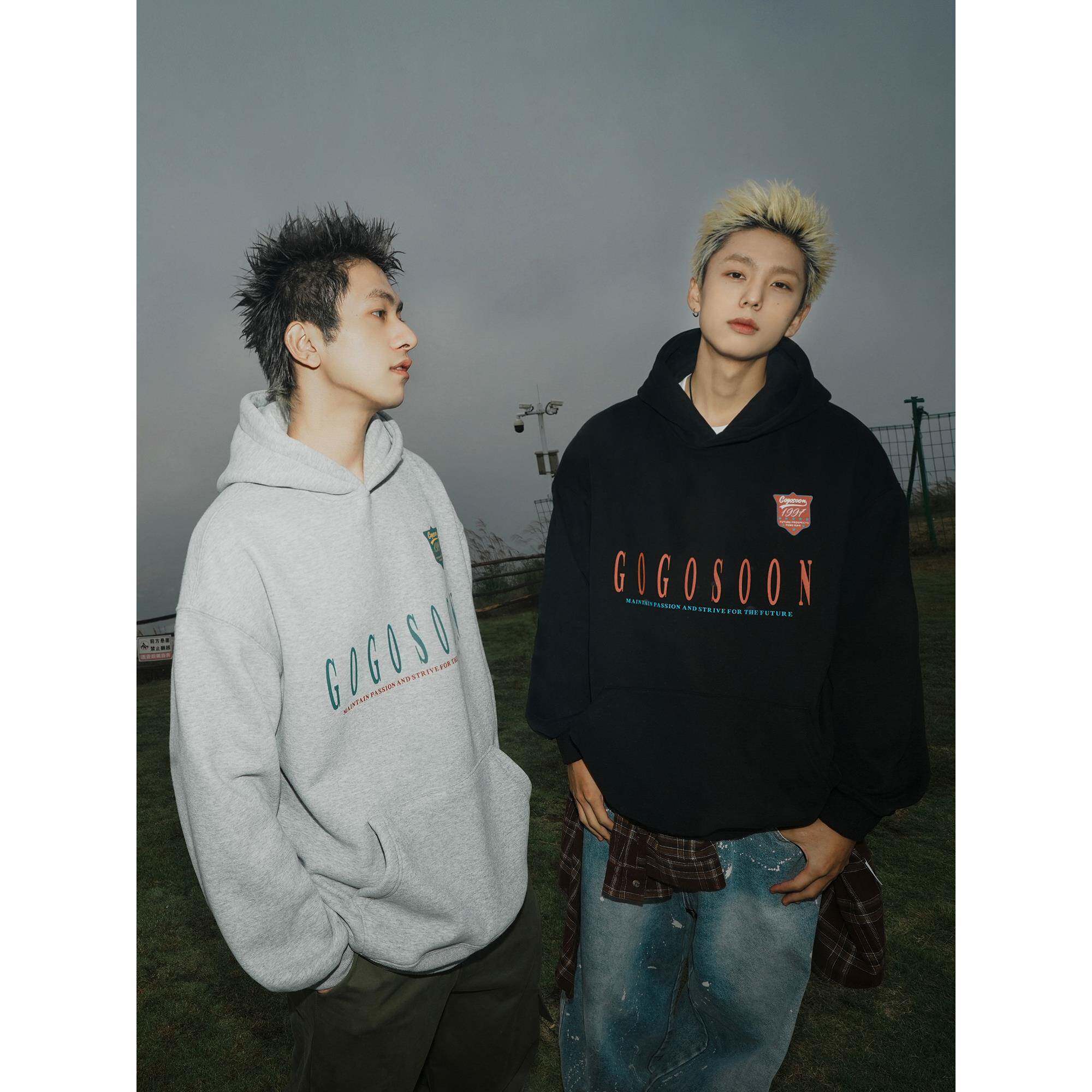 左奇函同款GOGOSOON春秋新款字母卫衣460g男生连帽重磅黑色上衣潮