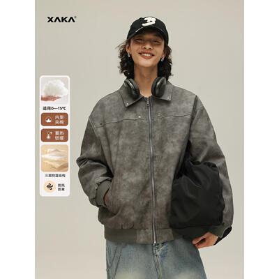 XAKA美式复古铆钉皮衣男秋冬翻领棒球服宽松飞行夹克夹棉加厚外套