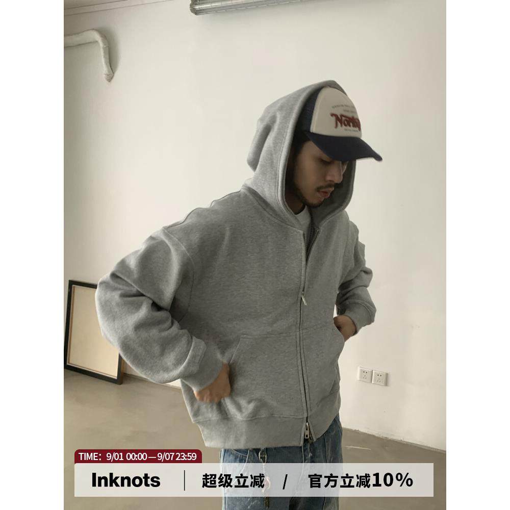 INKNOTS美式复古宽松clean fit重磅短宽拉链连帽卫衣男女潮牌外套