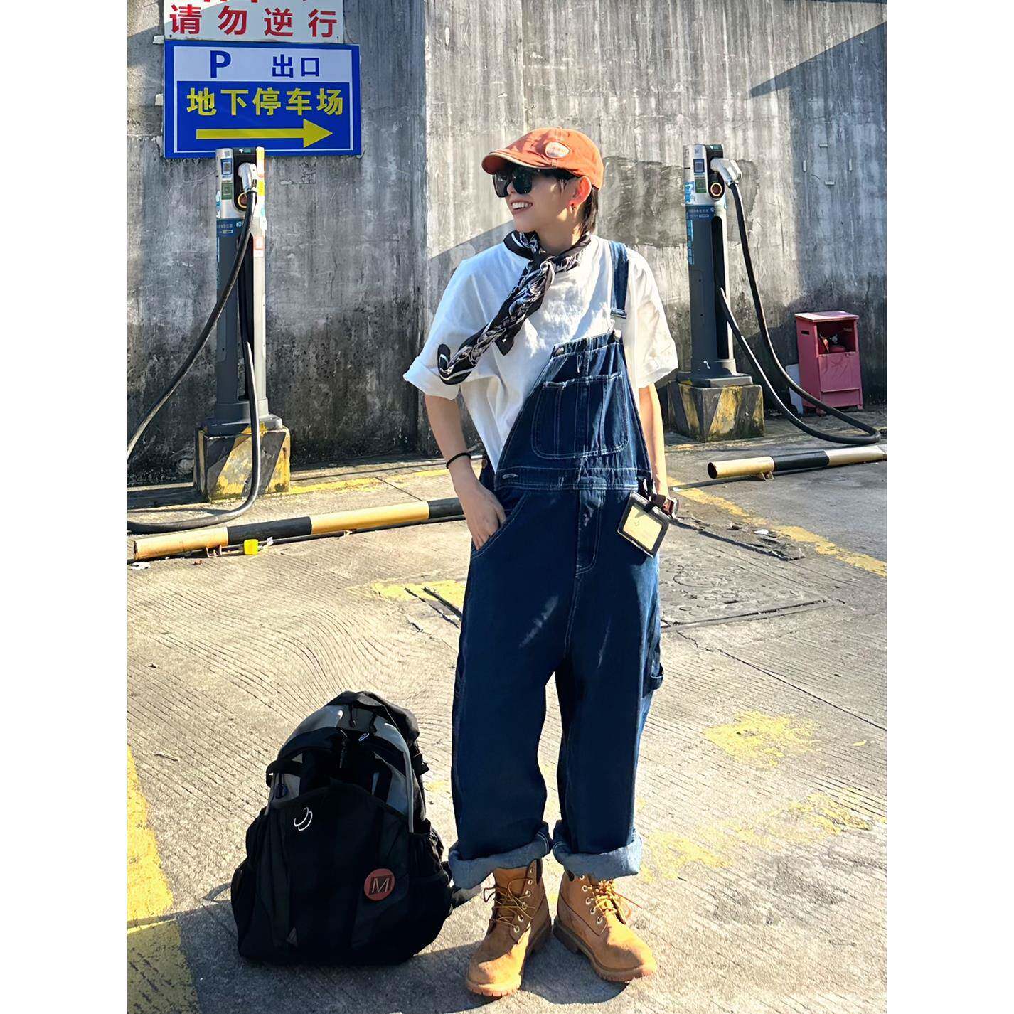 XBRO美式复古重磅宽松中性丹宁情侣学生四季连体牛仔背带裤长裤bf