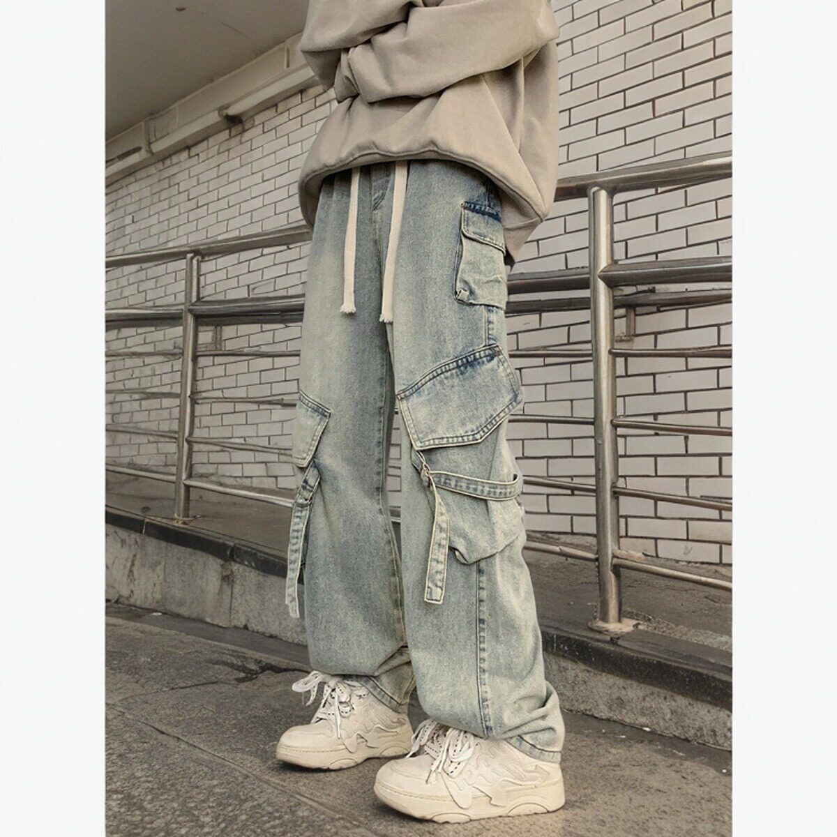 美式高街多口袋工装牛仔裤男春秋夏季薄款宽松直筒阔腿男生长裤子