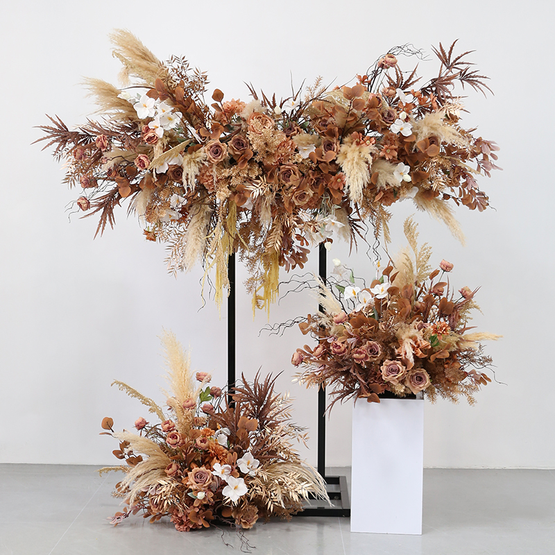 flowerwall婚礼舞台花艺咖色花排