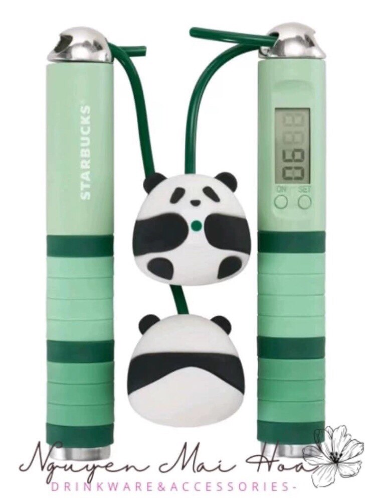 星巴克运动跳绳电子计数可爱熊猫造型长绳短绳切换经典绿便携户外