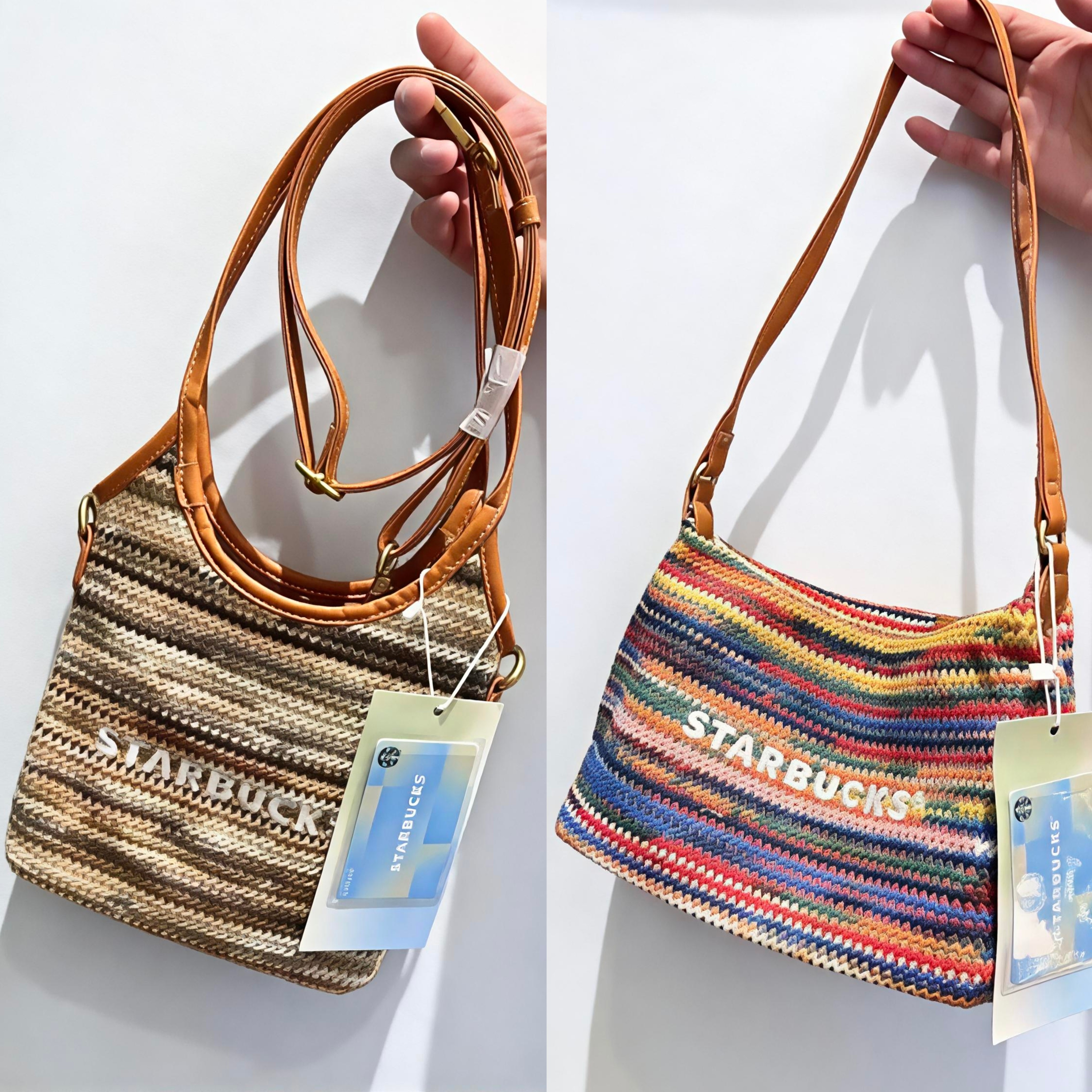 星巴克春日彩虹大地条纹手提包编织包斜挎包单肩包周边会员星礼包
