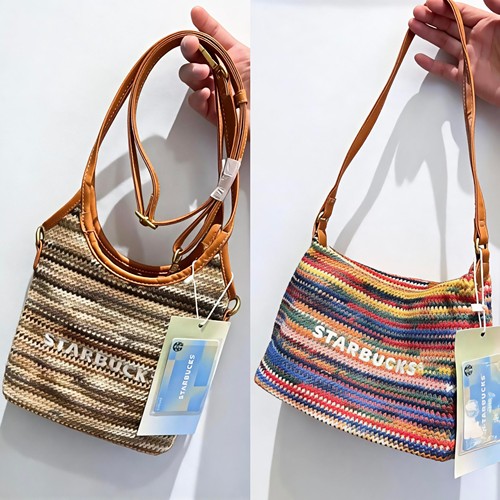 星巴克春日彩虹大地条纹手提包编织包斜挎包单肩包周边会员星礼包