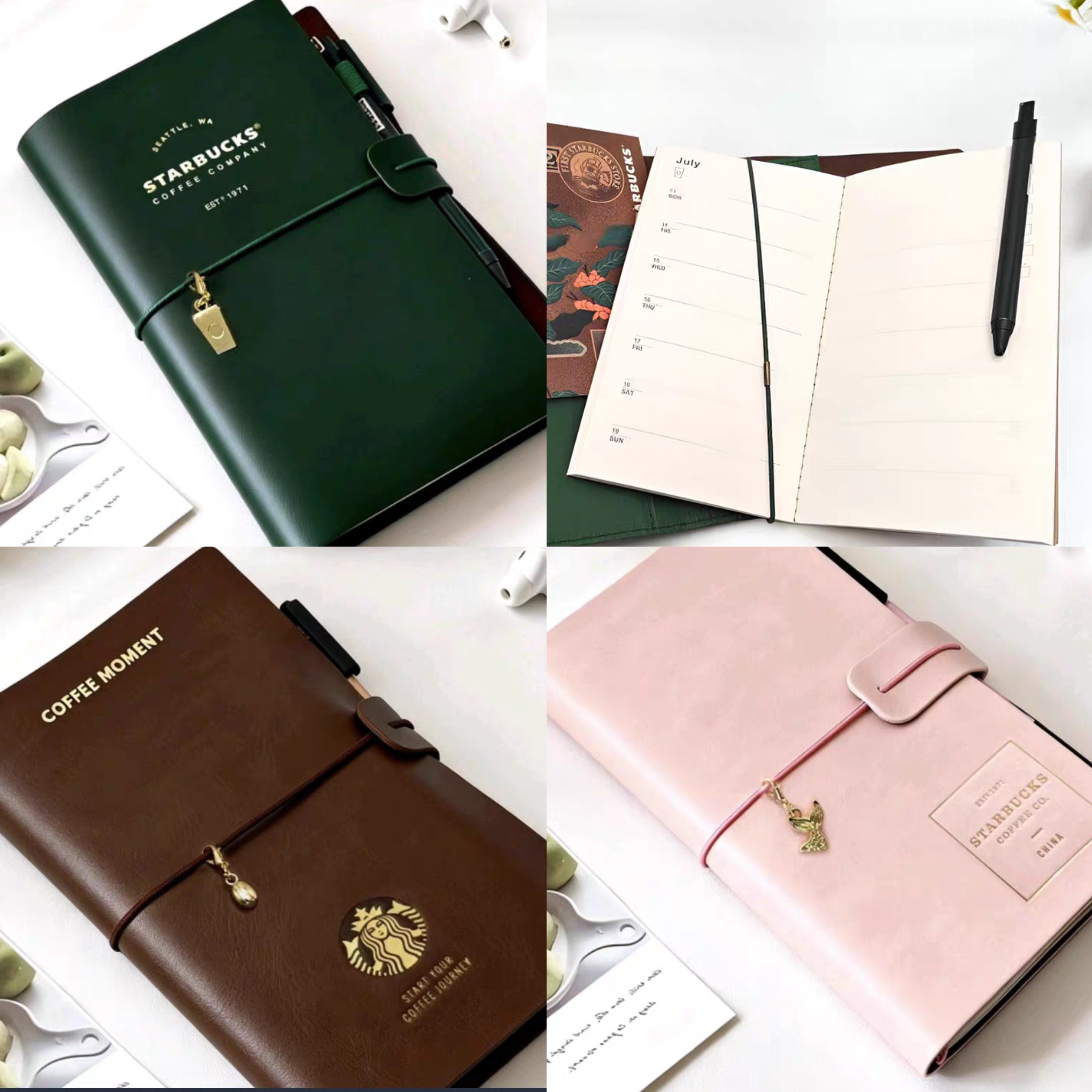星巴克曙序笔记本高颜值耐磨封面便携日常记录皮革粉绿棕撞色送礼