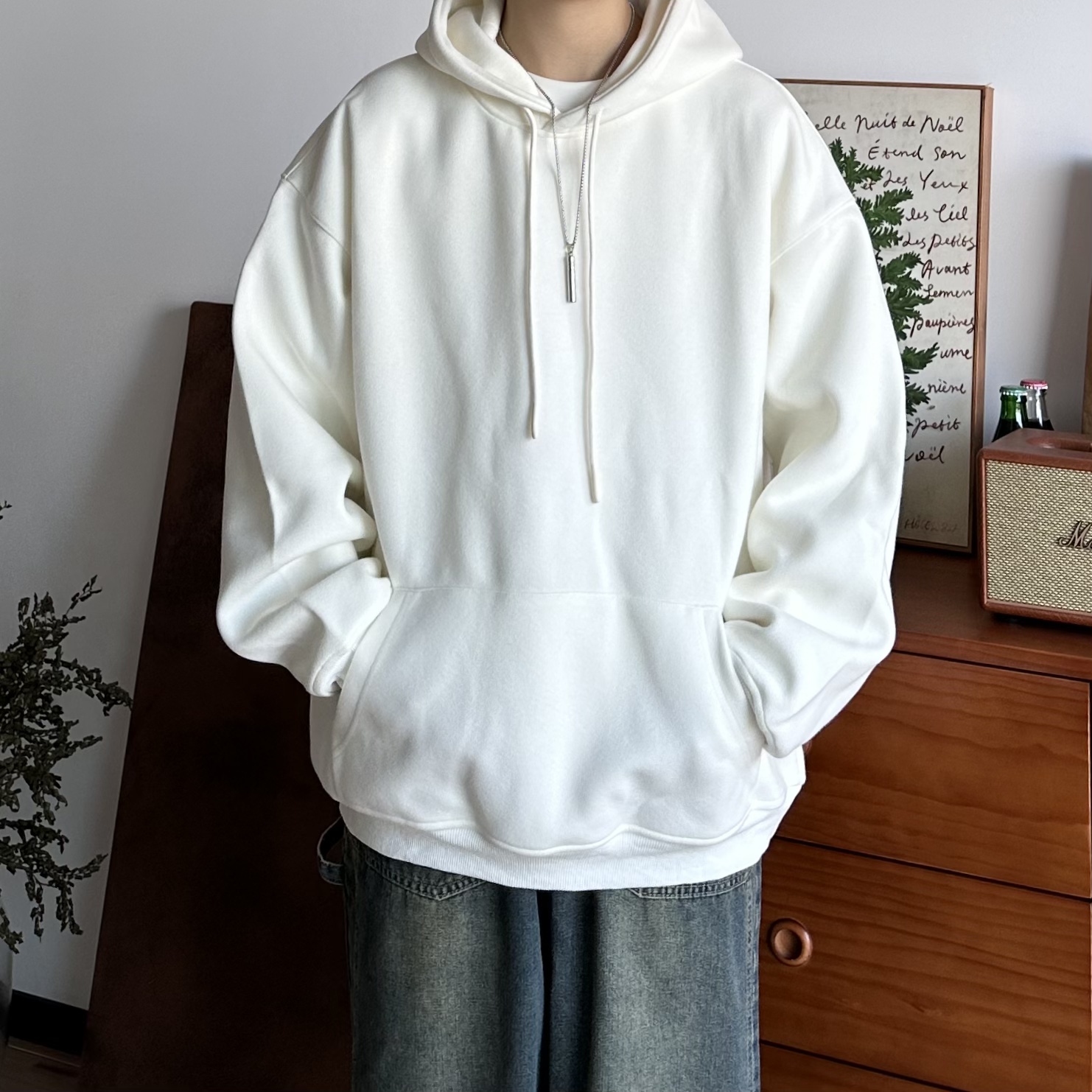 BUTQIU日系420G纯色连帽卫衣男秋冬宽松百搭休闲情侣套头帽衫