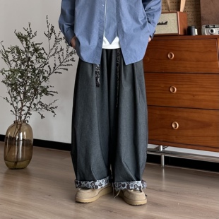 BUTQIU日系复古民族风花卉腰带宽松垂感阔腿拖地裤 子 男女休闲长裤