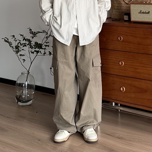 长裤 B东日系男装 子宽松抽绳口袋直筒休闲裤 裤 男 复古纯色简约工装