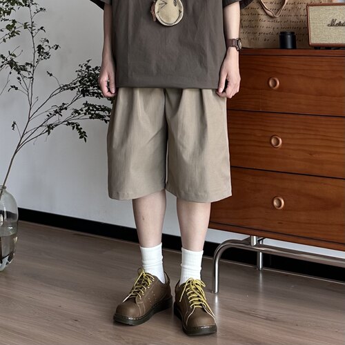 B东日系男装基础纯色宽松带褶廓形显瘦阔腿五分裤中性百搭短裤