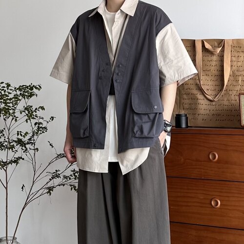 B东日系男装复古拼接假两件短袖衬衫中性宽松休闲百搭外套衬衣男