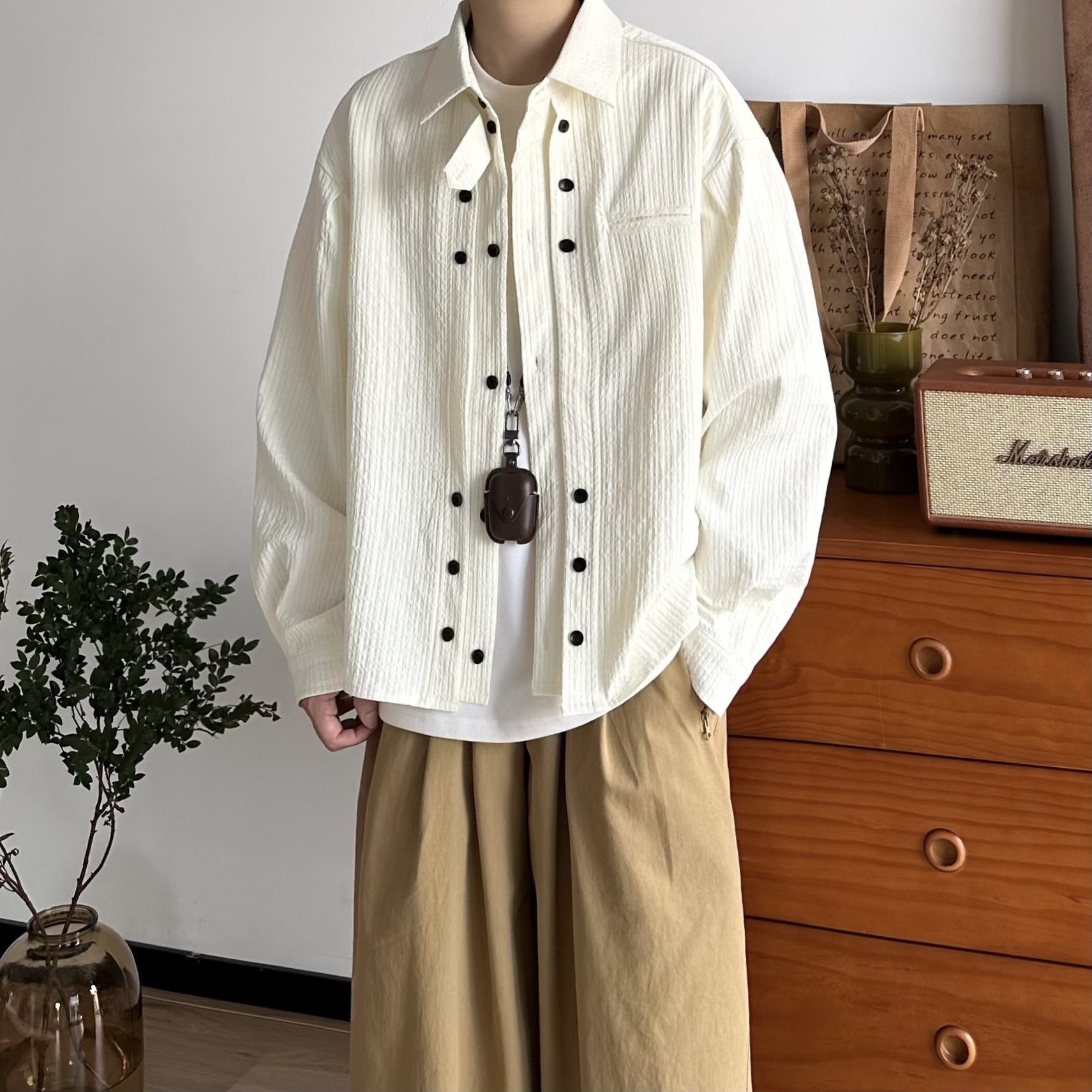 BUTQIU日系高级复古泡泡纱长袖衬衫拼接纽扣设计短款休闲衬衣外套