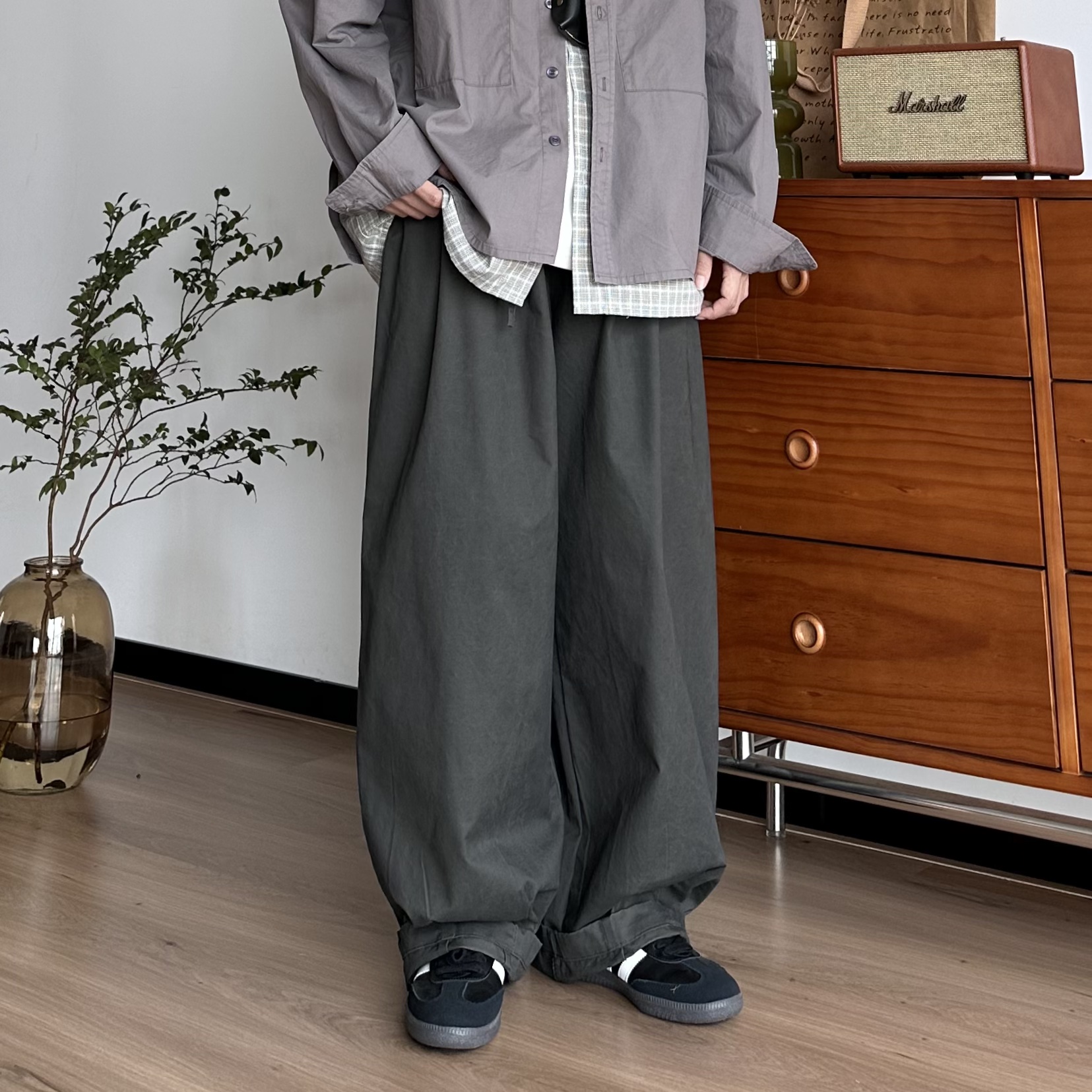 BUTQIU日系复古纯色基础水洗棉阔腿裤秋冬带褶百搭日常休闲长裤子